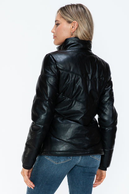 Black Pocketed Zip Up Turtleneck Puffer Jacket