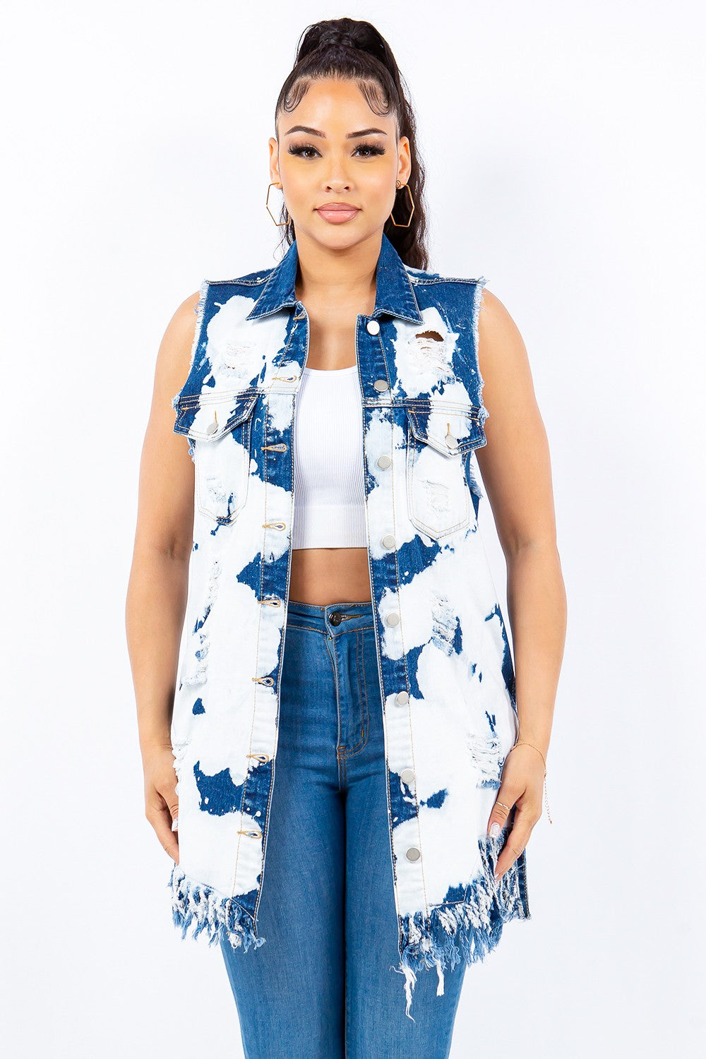 American Bazi Distressed Frayed Edge Longline Denim Vest - Tigbul's Variety Fashion Shop