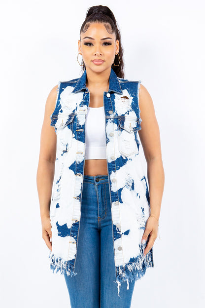 American Bazi Distressed Frayed Edge Longline Denim Vest - Tigbul's Variety Fashion Shop