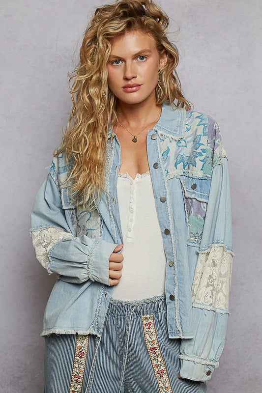 POL Printed Woven Mix Raw Hem Jacket with Lace Detail - Tigbul's Variety Fashion Shop