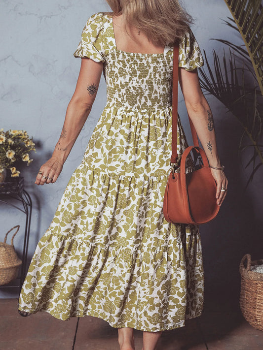 Boho Floral Square Neck Smocked Bust Puff Sleeve Tiered Dress - Tigbul's Variety Fashion Shop
