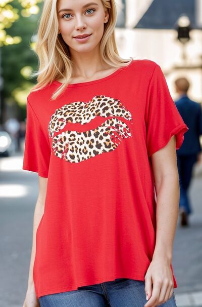 Red Leopard Lip Round Neck Short Sleeve T-Shirt Plus Size - Tigbul's Variety Fashion Shop