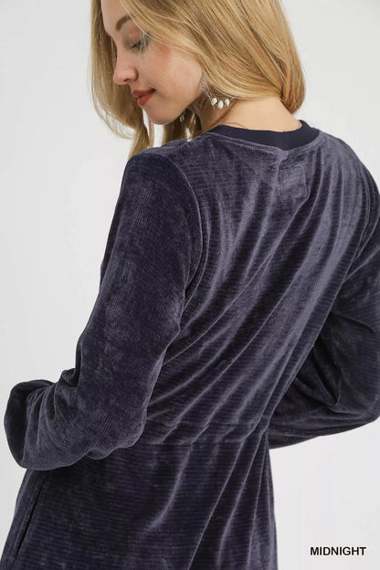 Umgee Velour Drawstring Mini Dress with Long Sleeves - Tigbul's Variety Fashion Shop