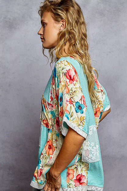 POL Lace Round Neck Short Sleeve Floral Pattern Top with Patch Detail - Tigbul's Variety Fashion Shop