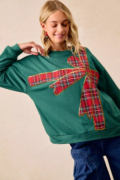 Plaid Ribbon Bow Detail Christmas Fleece Pullover Sweater - Tigbul's Variety Fashion Shop