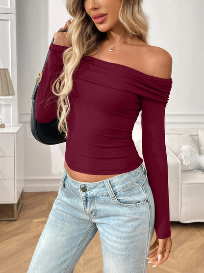Off-Shoulder Long Sleeve Fitted T-Shirt - Tigbul's Variety Fashion Shop