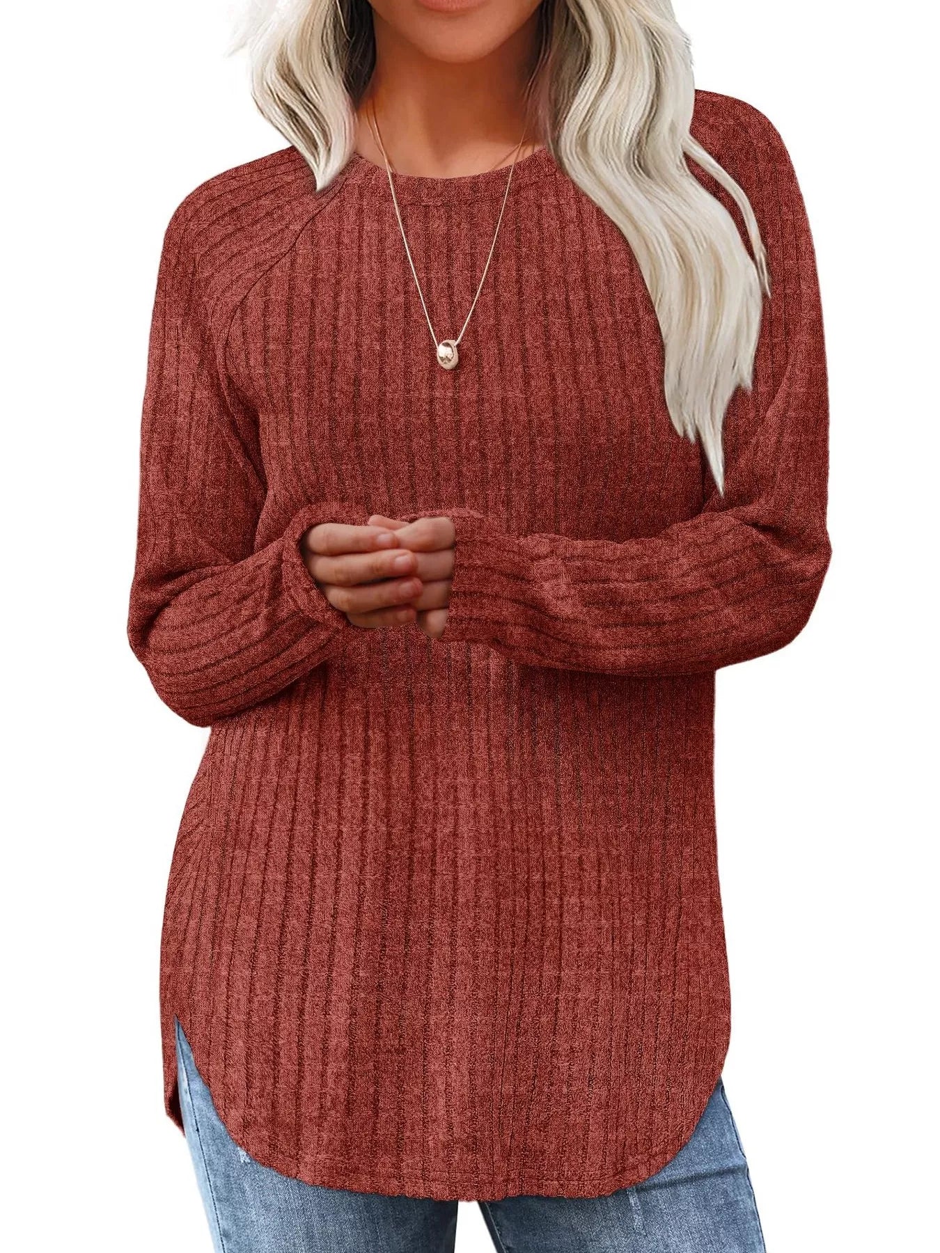 Ribbed Knit Long Sleeve T-Shirt - Tigbul's Variety Fashion Shop