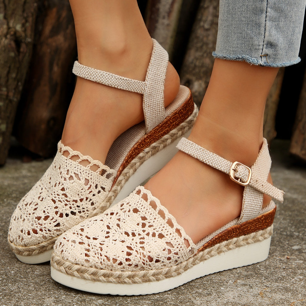 Ivory open-toe espadrille wedges with ankle and T-strap buckle, woven crochet upper