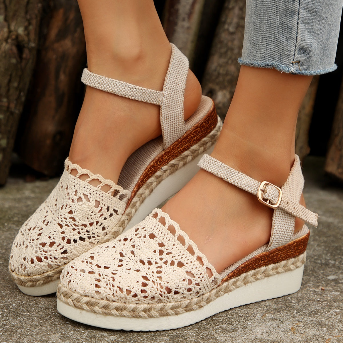 Ivory open-toe espadrille wedges with ankle and T-strap buckle, woven crochet upper