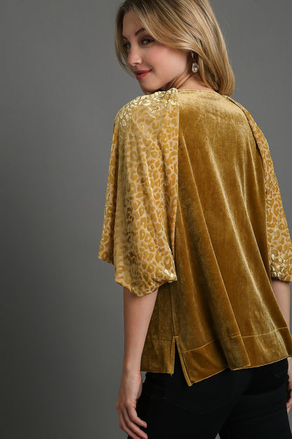 Umgee Round Neck Leopard Balloon Sleeve Velvet Top - Tigbul's Variety Fashion Shop