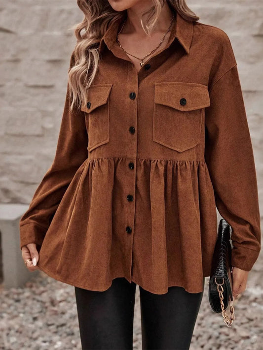 Corduroy Button-Up Peplum Jacket - Tigbul's Variety Fashion Shop