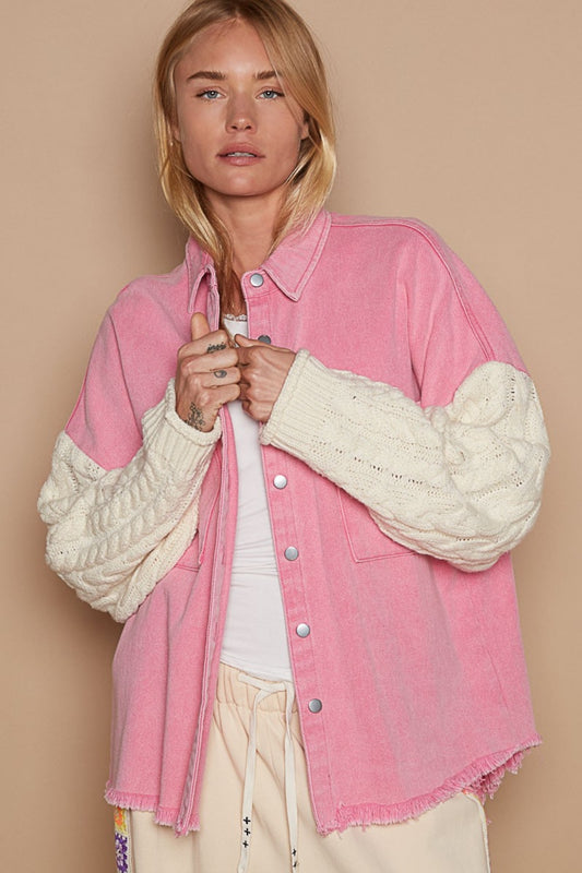 POL Contrast Sweater Sleeve Button Down Shacket - Tigbul's Variety Fashion Shop