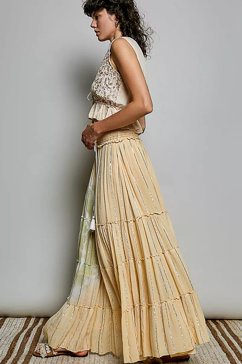 POL Shimmer Tiered Reverse Ruffle Smocked Waist Maxi Skirt | Tigbuls
