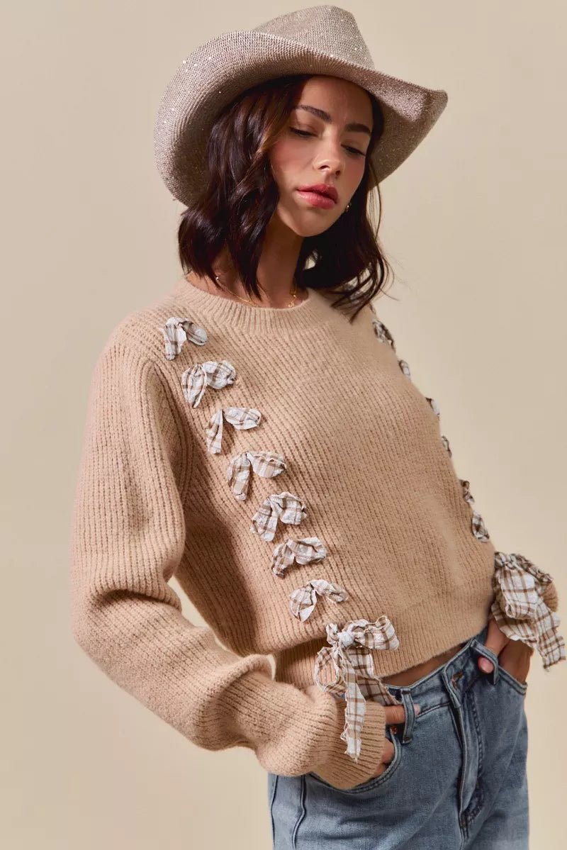 SO ME Checkered Plaid Tape Lace Up Ribbed Sweater - Tigbul's Variety Fashion Shop