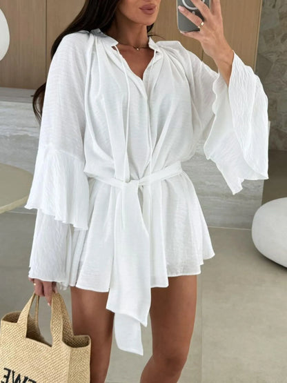 Bell Sleeve Tie Waist Mini Shirt Dress - Tigbul's Variety Fashion Shop