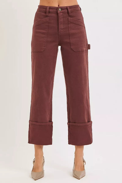 RISEN Full Size High Rise Wide Straight Cuffed Patch Jeans Plus Size - Tigbul's Variety Fashion Shop