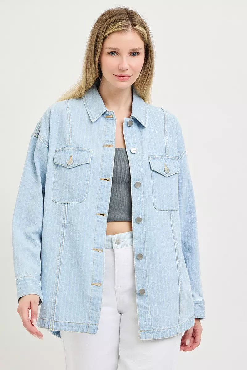 Oversized light-wash denim shaket with point collar and button closures
