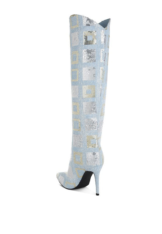 Sharmin Checkered Sequin Knee High Boots - Tigbul's Variety Fashion Shop