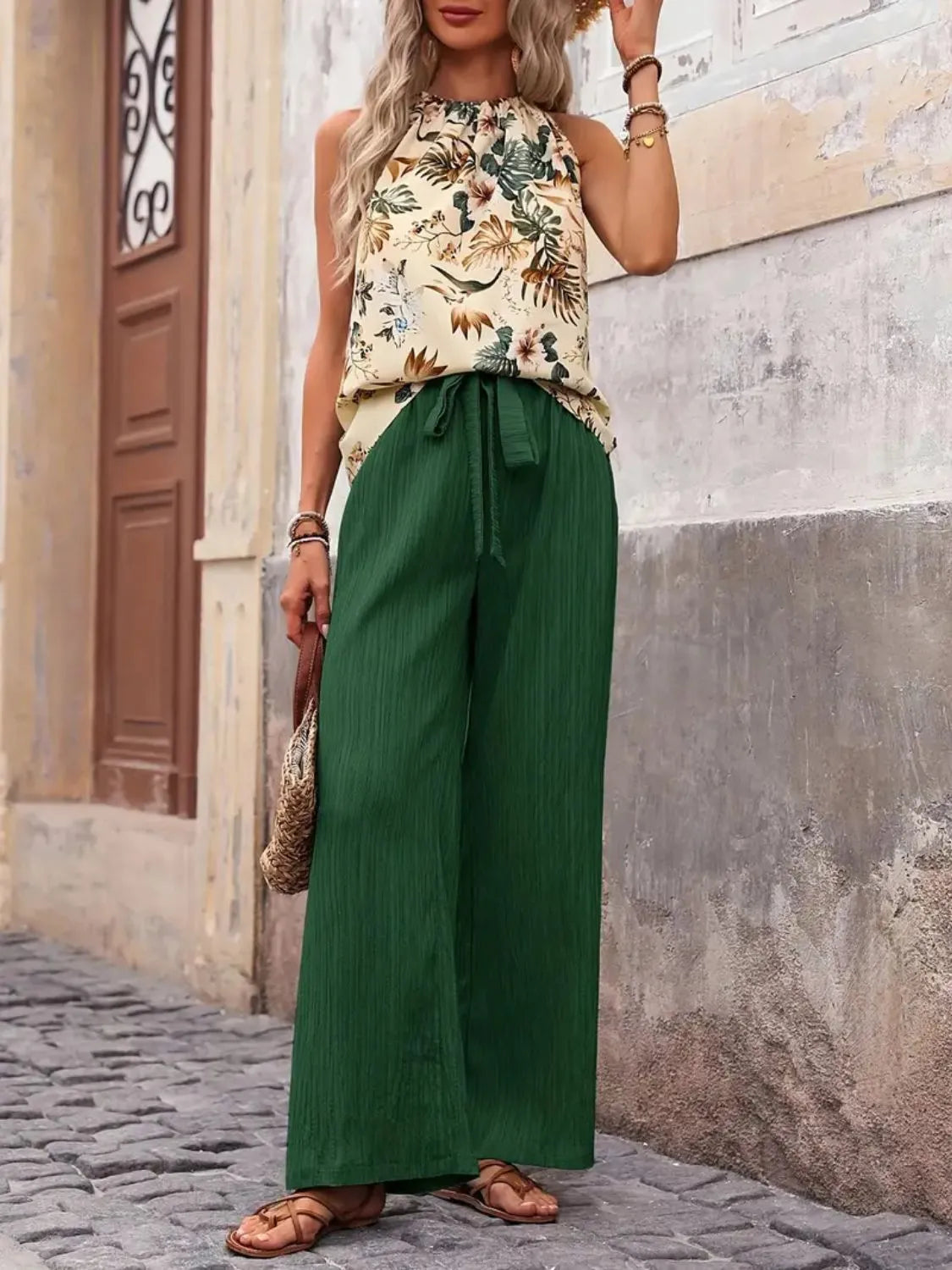 Printed Tank Top and Wide Leg Pants Set - Tigbul's Variety Fashion Shop