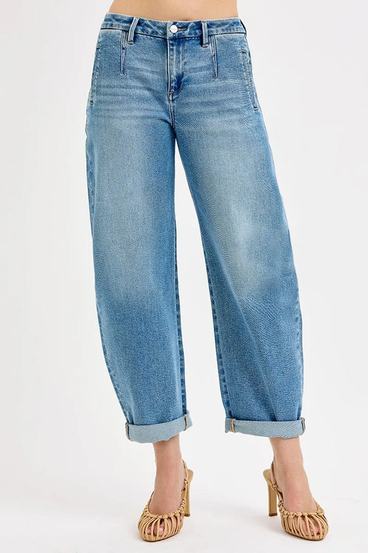 RISEN Full Size Mid Rise Fit Barrel Roll Up Jeans Plus Size - Tigbul's Variety Fashion Shop