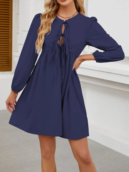 Tie Front Long Sleeve Mini Dress - Tigbul's Variety Fashion Shop