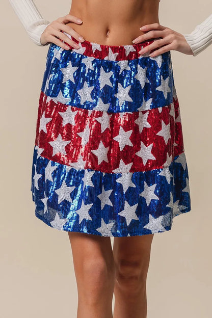 American Flag Theme Star Sequin Tiered Skirt - Tigbul's Variety Fashion Shop