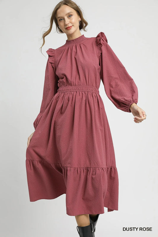 Umgee Textured Midi Dress with Ruffle Shoulder Detail - Tigbul's Variety Fashion Shop