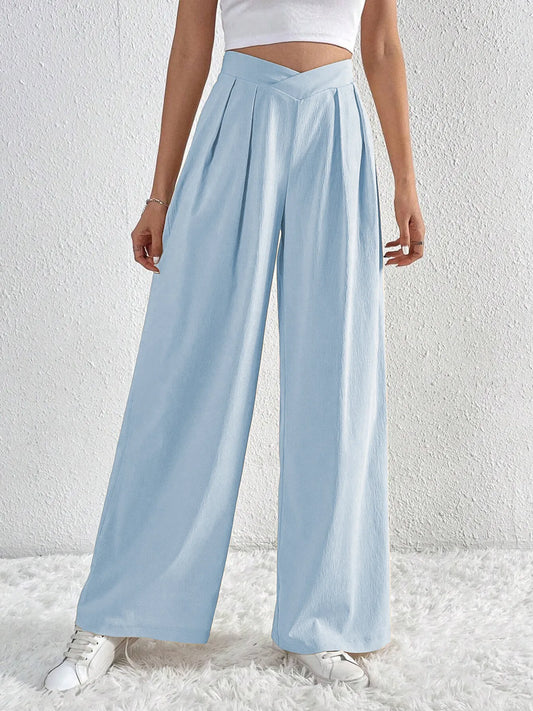 V-Waisted Ruched Front Wide Leg Pants - Tigbul's Variety Fashion Shop