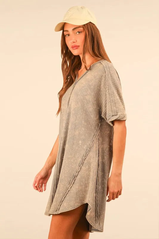 Plus Size Mineral Washed Ribbed Knit Mini Dress - Tigbul's Variety Fashion Shop