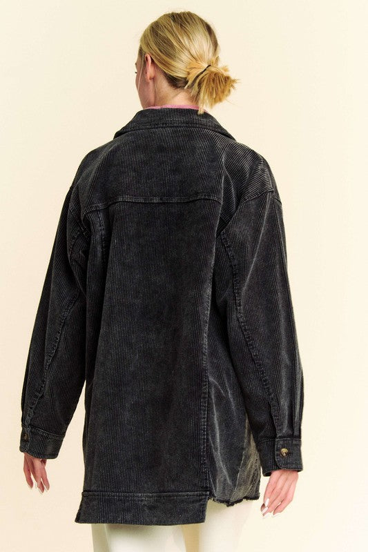 Black Washed Look Corduroy Raw Hem Button Up Jacket - Tigbul's Variety Fashion Shop