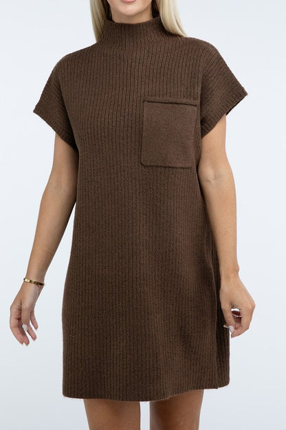 Mock Neck Short Sleeve Sweater Dress with Pocket - Tigbul's Variety Fashion Shop