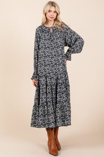 Dark Navy Printed Tie Neck Flounce Sleeve Midi Dress - Tigbul's Variety Fashion Shop