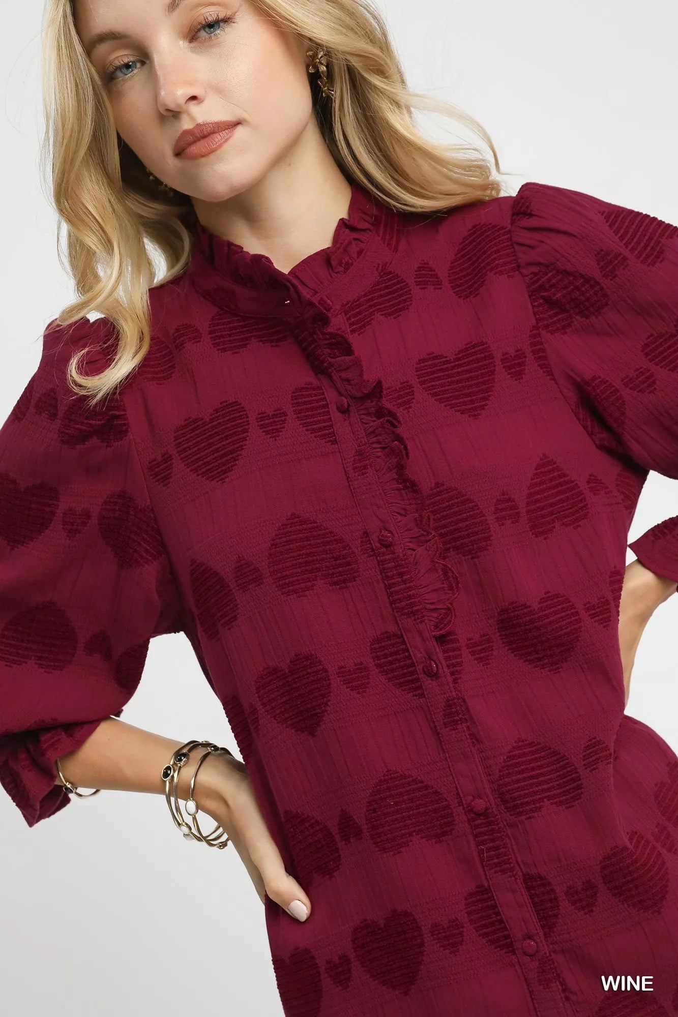 Umgee Heart Jacquard Ruffle Trim Shirt - Tigbul's Variety Fashion Shop