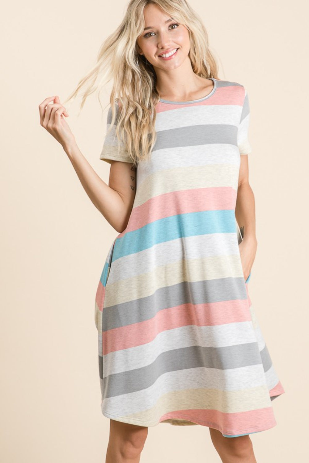 BOMBOM Striped Short Sleeve Dress with Pockets - Tigbul's Variety Fashion Shop