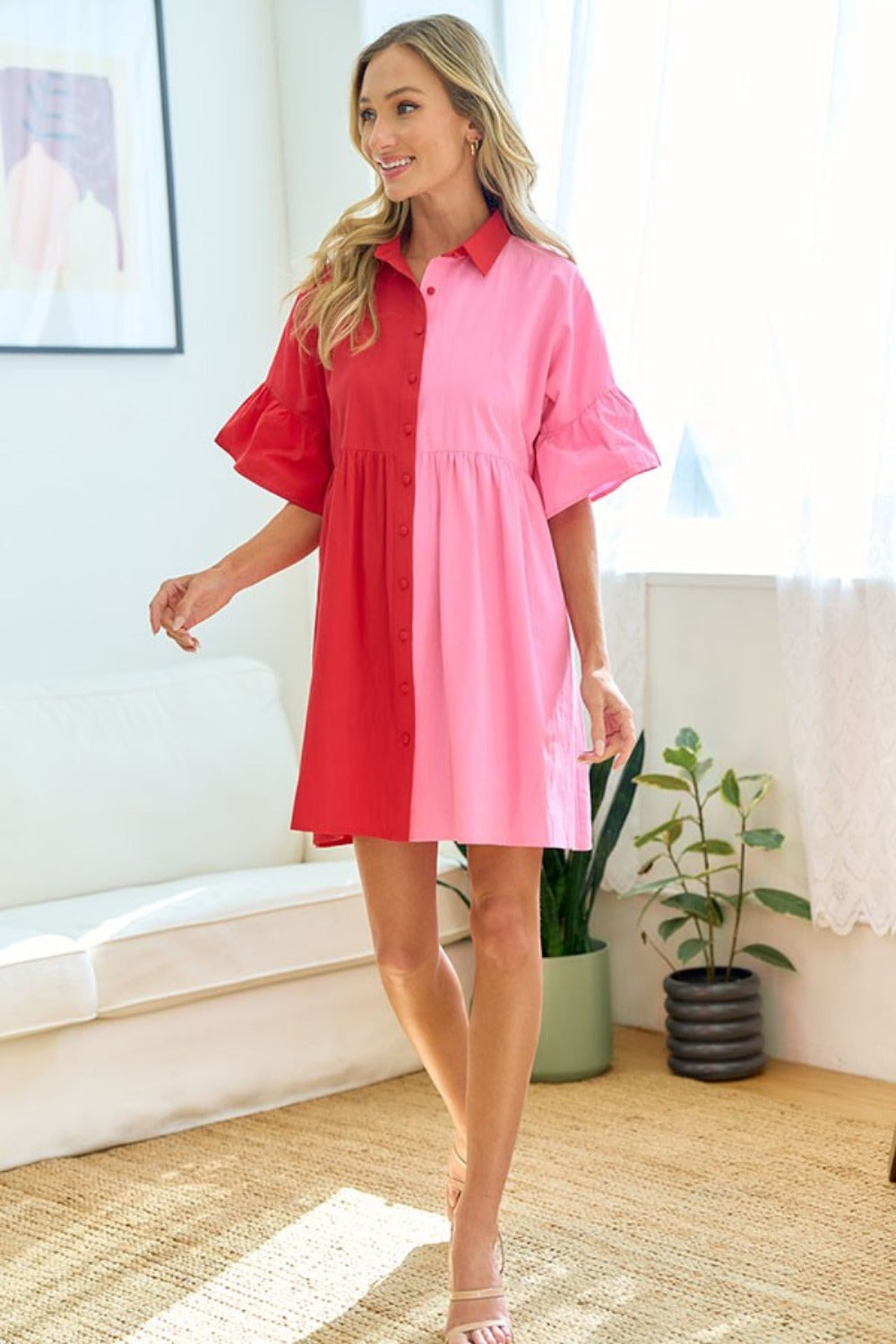 First Love Full Size Color Blocked Button Down Babydoll Dress - Tigbul's Variety Fashion Shop