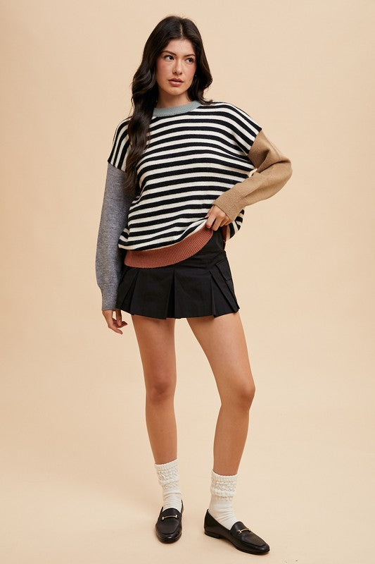 Ivory/Black Striped Color Block Round Neck Sweater - Tigbul's Variety Fashion Shop