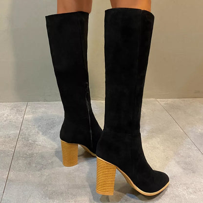 Point Toe Knee-High Suede Block Heel Boots - Tigbul's Variety Fashion Shop