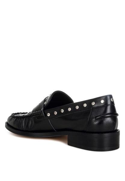 Oglavia Stud Embellished Black Genuine Leather Loafers - Tigbul's Variety Fashion Shop