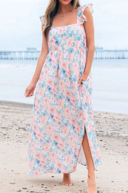 Pink Floral Colorblock Flutter Straps Flowy Dress - Tigbul's Variety Fashion Shop
