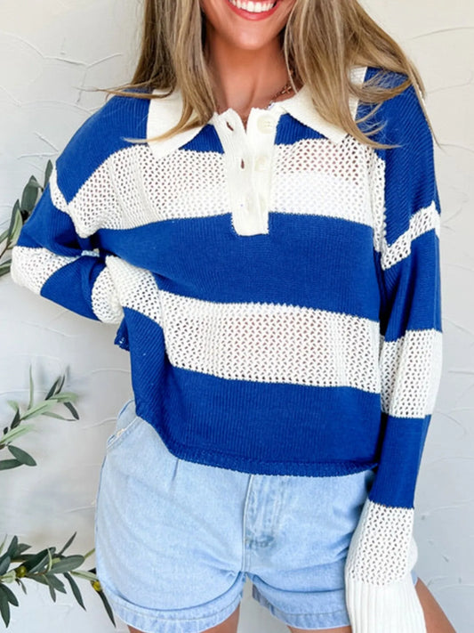 Stripe Colorblock Polo Collar Crochet Knitted Cover Up - Tigbul's Variety Fashion Shop