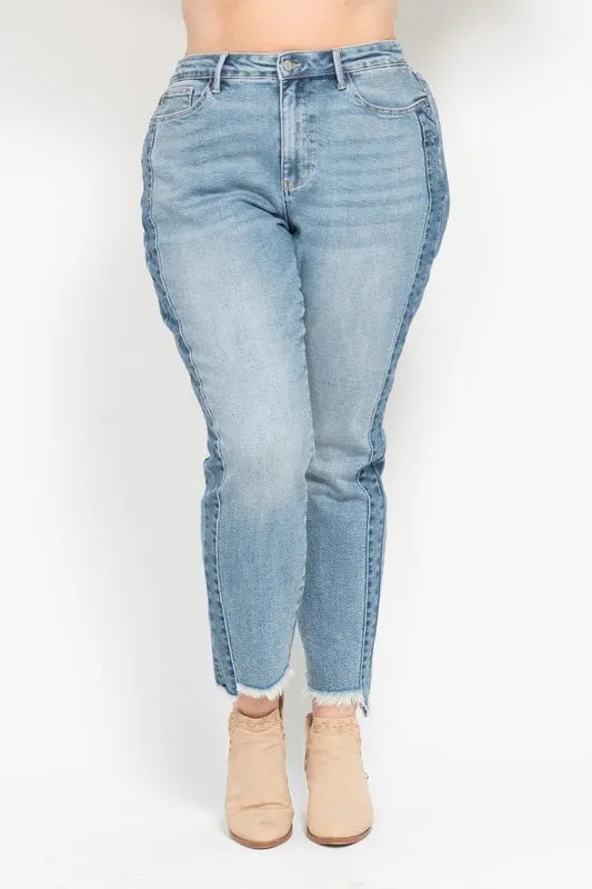 Judy Blue Full Size Vintage Wash Side Panel Detail with Fray Hem Slim Plus Size - Tigbul's Variety Fashion Shop