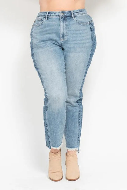 Judy Blue Full Size Vintage Wash Side Panel Detail with Fray Hem Slim Plus Size - Tigbul's Variety Fashion Shop