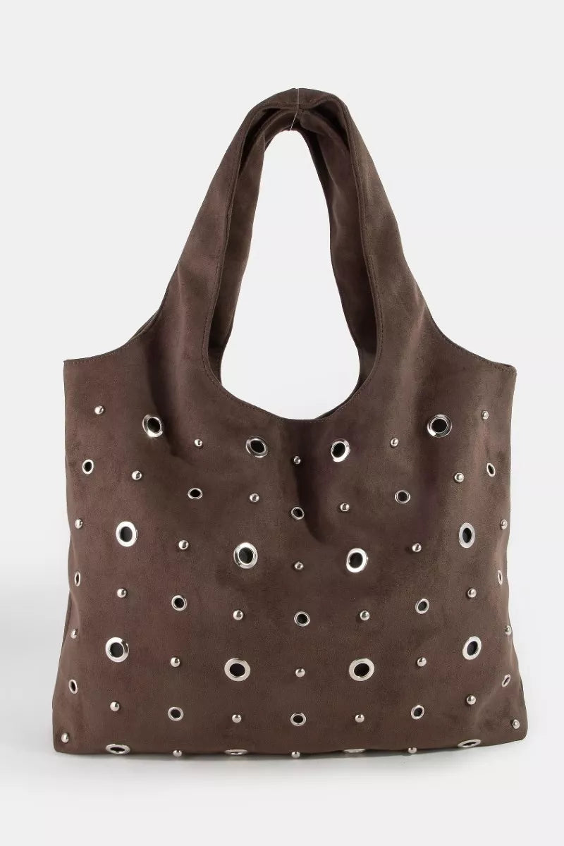 Fame large suede shoulder bag in dark brown with silver grommet studs