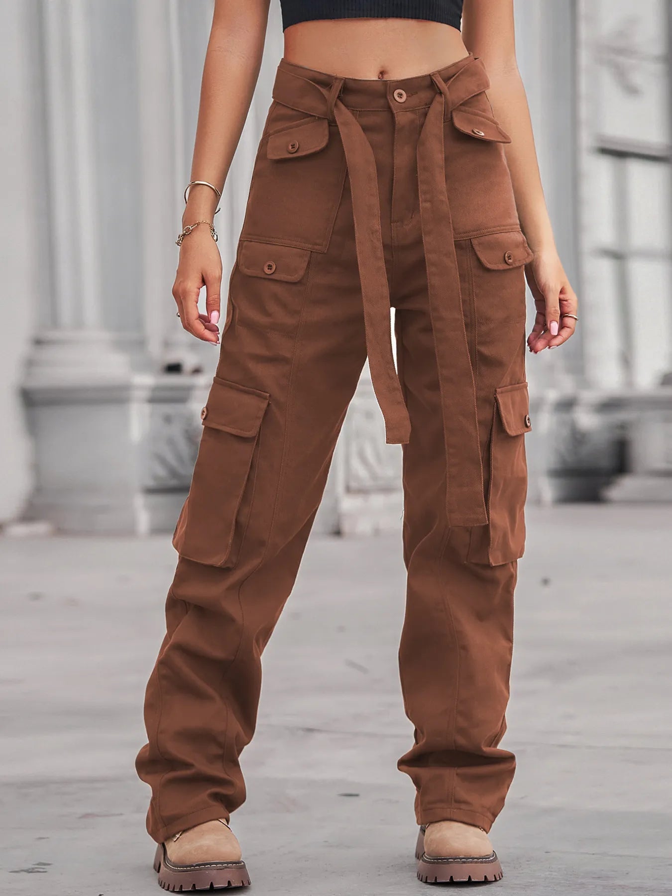 High-Waisted Multi-Pocket Cargo Jeans - Tigbul's Variety Fashion Shop