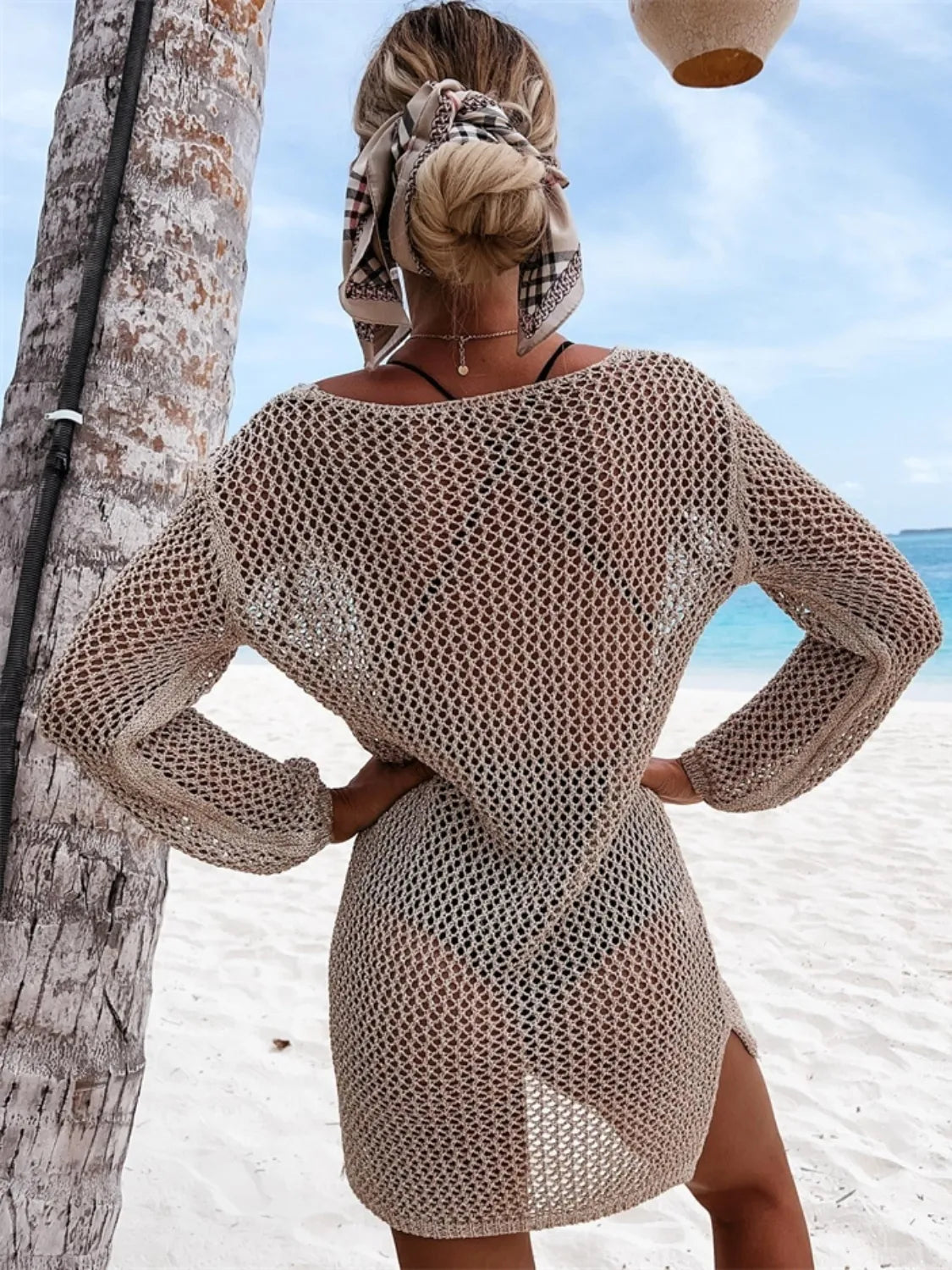 Openwork Long Sleeve Knit Cover Up - Tigbul's Variety Fashion Shop