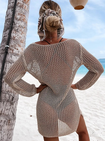 Openwork Long Sleeve Knit Cover Up - Tigbul's Variety Fashion Shop
