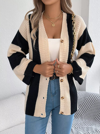 Color Block Button-Up Cardigan - Tigbul's Variety Fashion Shop