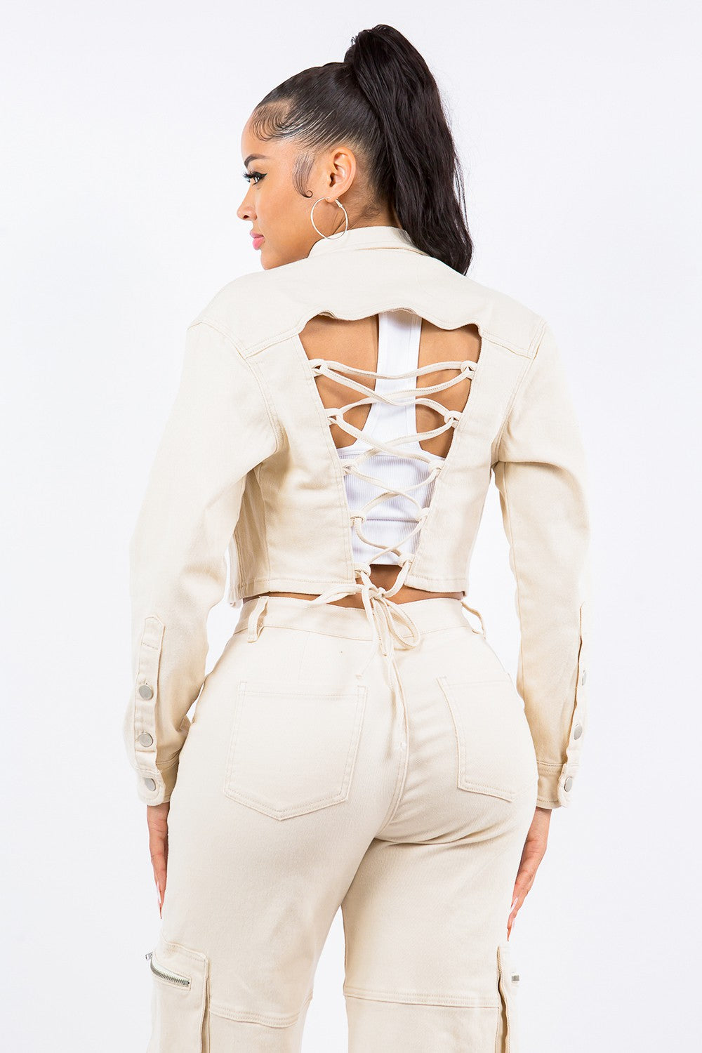 American Bazi Laced Back Cropped Jacket - Tigbul's Variety Fashion Shop