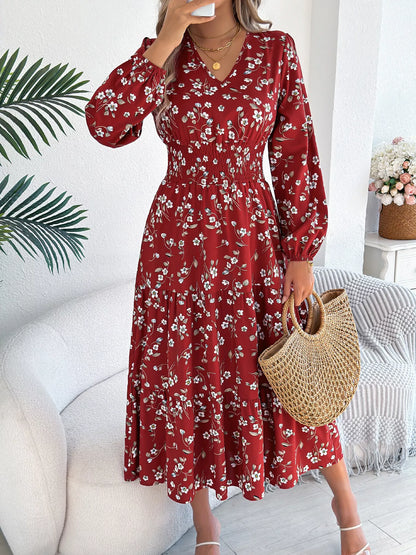 Floral Print Long Sleeve V-Neck Midi Dress - Tigbul's Variety Fashion Shop