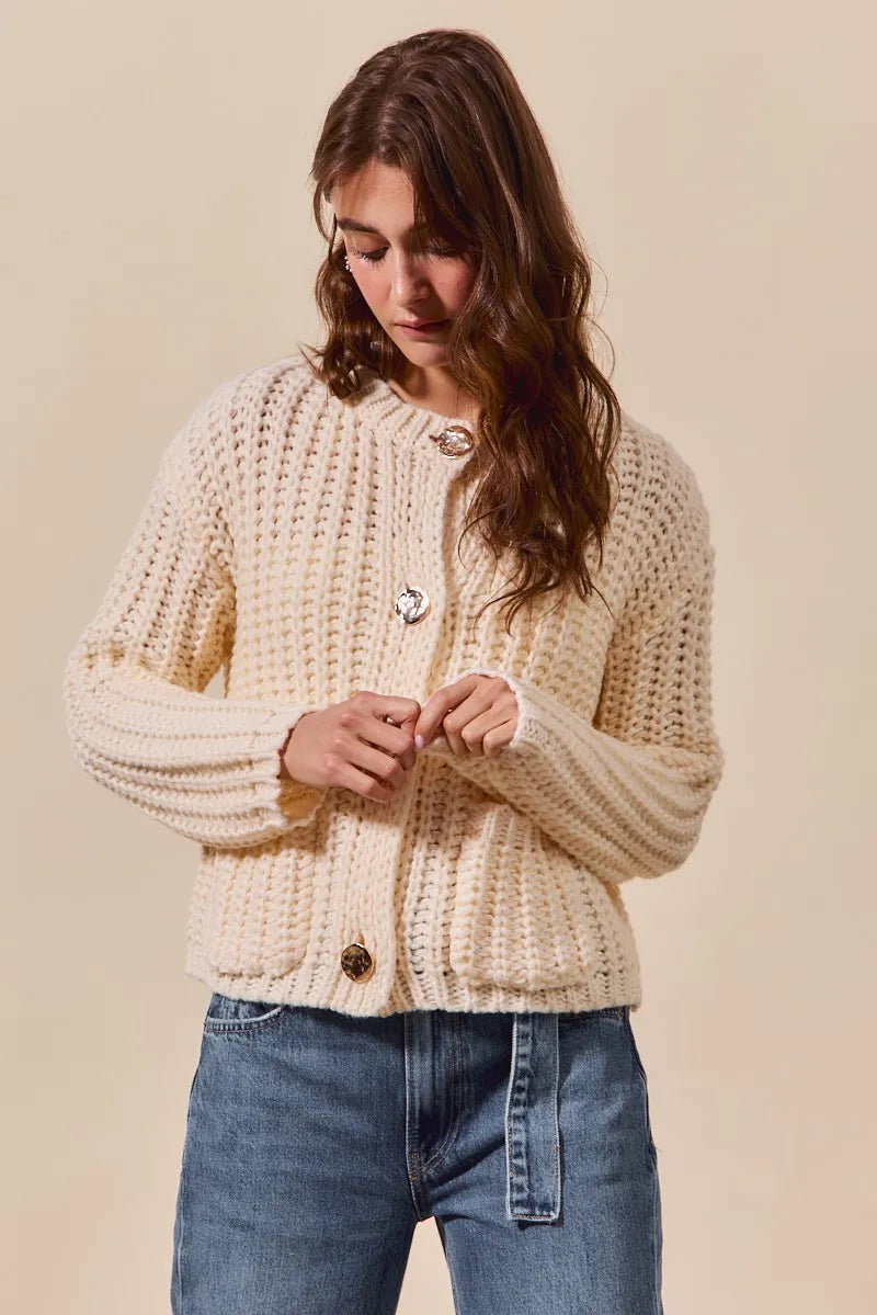 SO ME Metal Button Long Sleeve Chunky Sweater Cardigan - Tigbul's Variety Fashion Shop
